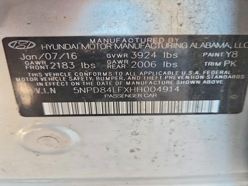 53624946 :رقم المزاد ، 5NPD84LFXHH004914 vin ، 2017 Hyundai Elantra مزاد بيع