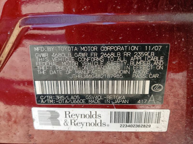 Продажа на аукционе авто 2008 Lexus Es, vin: JTHBJ46G482187985, номер лота: 53561516