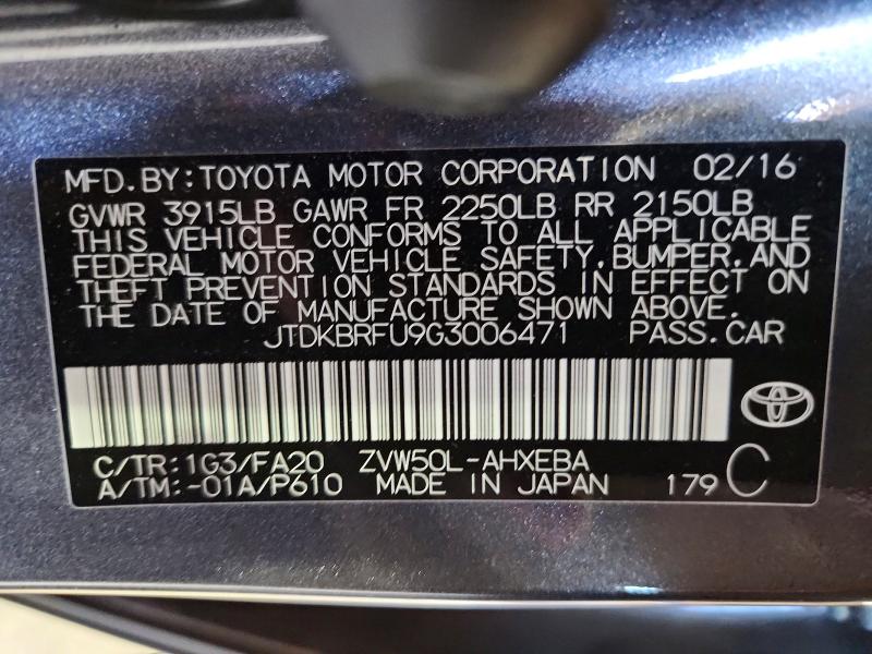 Aukcja sprzedaży 2016 Toyota Prius, vin: JTDKBRFU9G3006471, numer aukcji: 53175716
