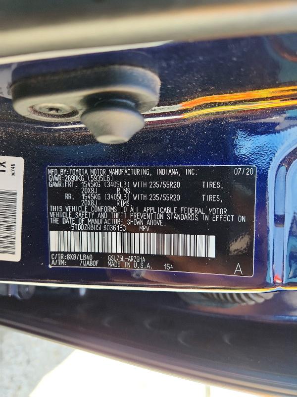 2020 Toyota Highlander მანქანა იყიდება აუქციონზე, vin: 5TDDZRBH5LS036153, აუქციონის ნომერი: 52044166