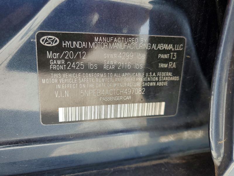 2012 Hyundai Sonata მანქანა იყიდება აუქციონზე, vin: 5NPEB4AC1CH497082, აუქციონის ნომერი: 53995246