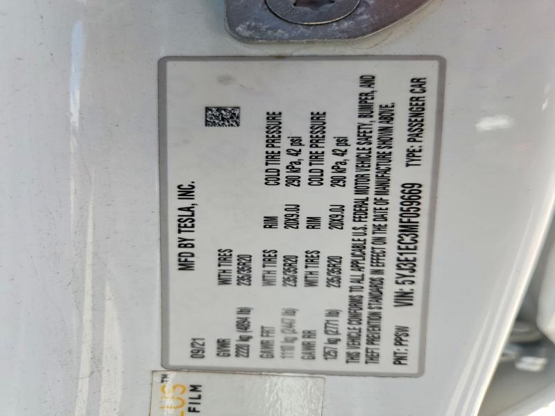 2021 Tesla Model 3 მანქანა იყიდება აუქციონზე, vin: 5YJ3E1EC3MF059669, აუქციონის ნომერი: 55077246