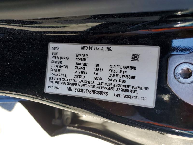 53118316 :رقم المزاد ، 5YJ3E1EA3NF369286 vin ، 2022 Tesla Model 3 مزاد بيع