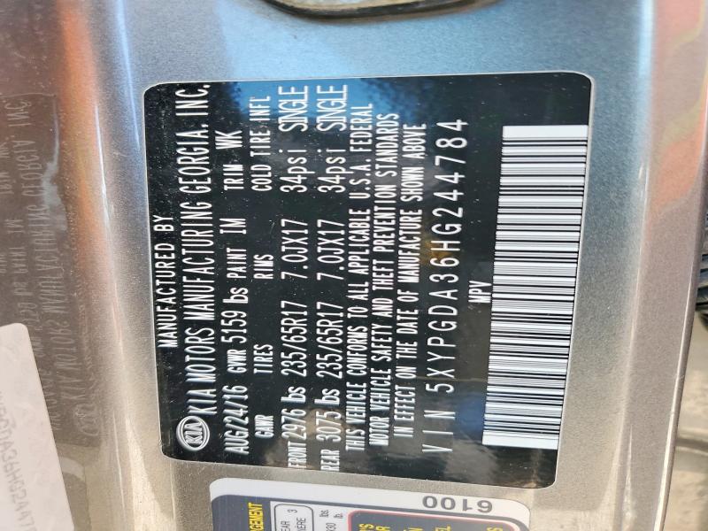 53531256 :رقم المزاد ، 5XYPGDA36HG244784 vin ، 2017 Kia Sorento مزاد بيع