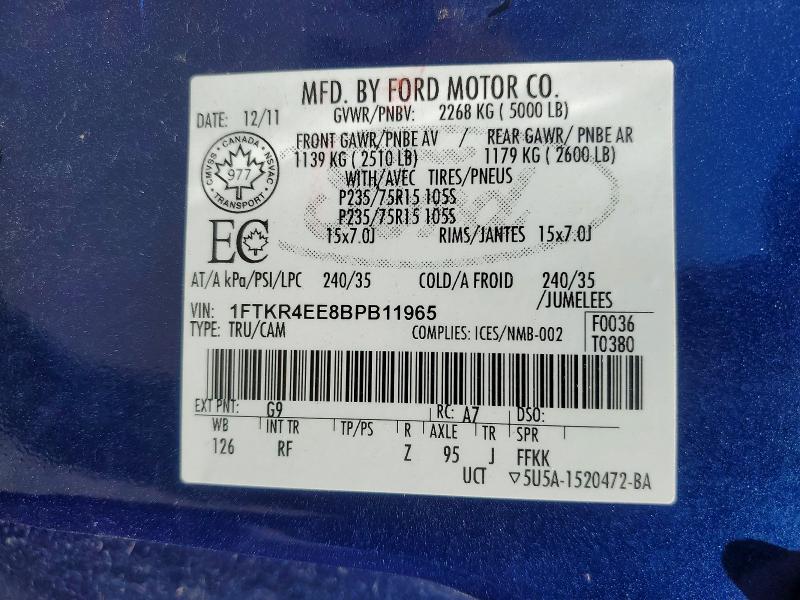 2011 Ford Ranger მანქანა იყიდება აუქციონზე, vin: 1FTKR4EE8BPB11965, აუქციონის ნომერი: 55245796