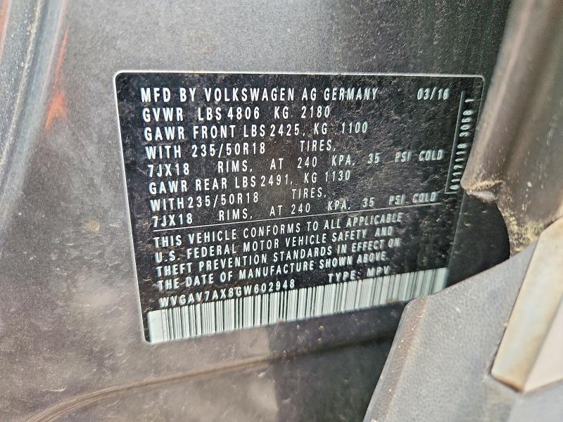 53194396 :رقم المزاد ، WVGAV7AX8GW602948 vin ، 2016 Volkswagen Tiguan مزاد بيع