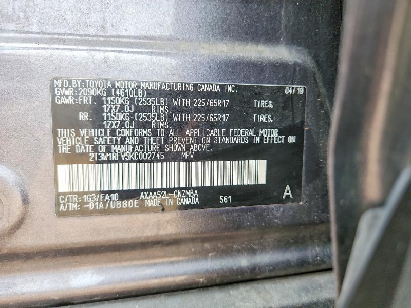 54217436 :رقم المزاد ، 2T3W1RFV5KC002745 vin ، 2019 Toyota Rav4 مزاد بيع
