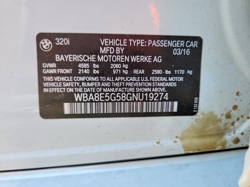 2016 Bmw 320 მანქანა იყიდება აუქციონზე, vin: WBA8E5G58GNU19274, აუქციონის ნომერი: 53021226