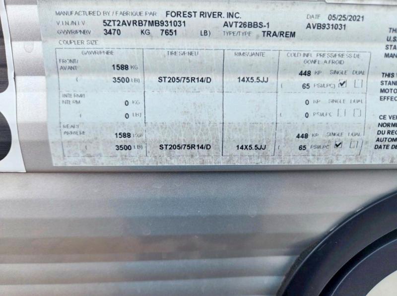 52999946 :رقم المزاد ، 5ZT2AVRB7MB931031 vin ، 2021 Forest River Prime Time Avenger Avt26bbs-1 مزاد بيع