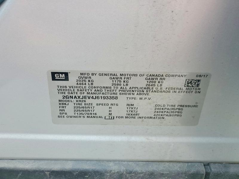 Aukcja sprzedaży 2018 Chevrolet Equinox, vin: 2GNAXJEV4J6193358, numer aukcji: 54132206