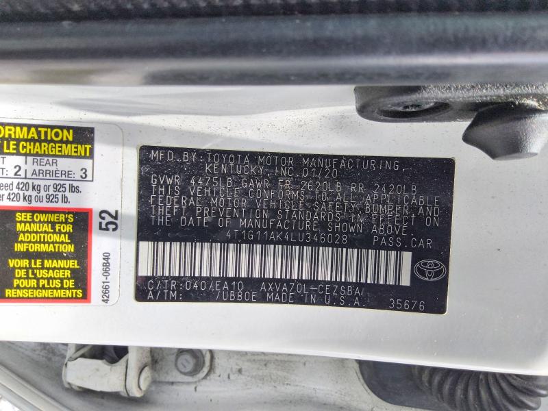 Aukcja sprzedaży 2020 Toyota Camry, vin: 4T1G11AK4LU346028, numer aukcji: 54146716