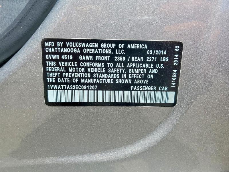 52971306 :رقم المزاد ، 1VWAT7A32EC091207 vin ، 2014 Volkswagen Passat مزاد بيع