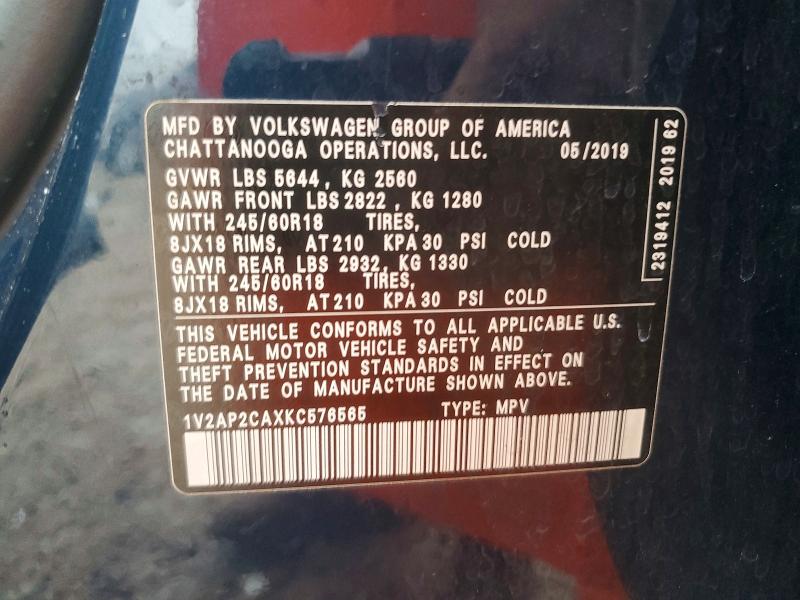2019 Volkswagen Atlas მანქანა იყიდება აუქციონზე, vin: 1V2AP2CAXKC576565, აუქციონის ნომერი: 54688476