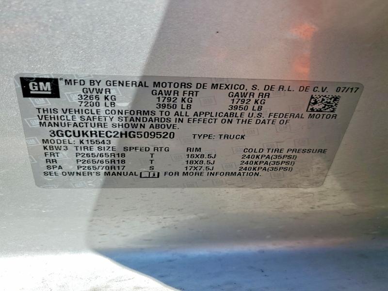 Aukcja sprzedaży 2017 Chevrolet Silverado, vin: 3GCUKREC2HG509520, numer aukcji: 52949416