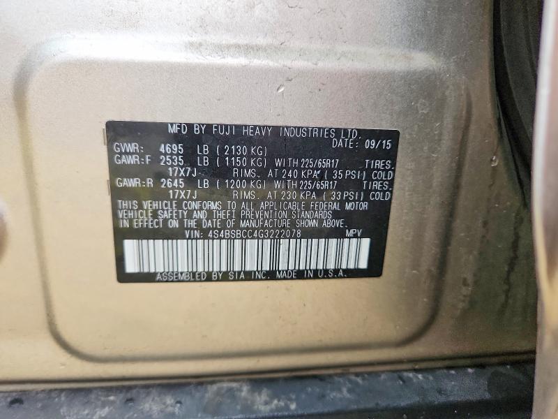 Aukcja sprzedaży 2016 Subaru Outback, vin: 4S4BSBCC4G3222078, numer aukcji: 54122746