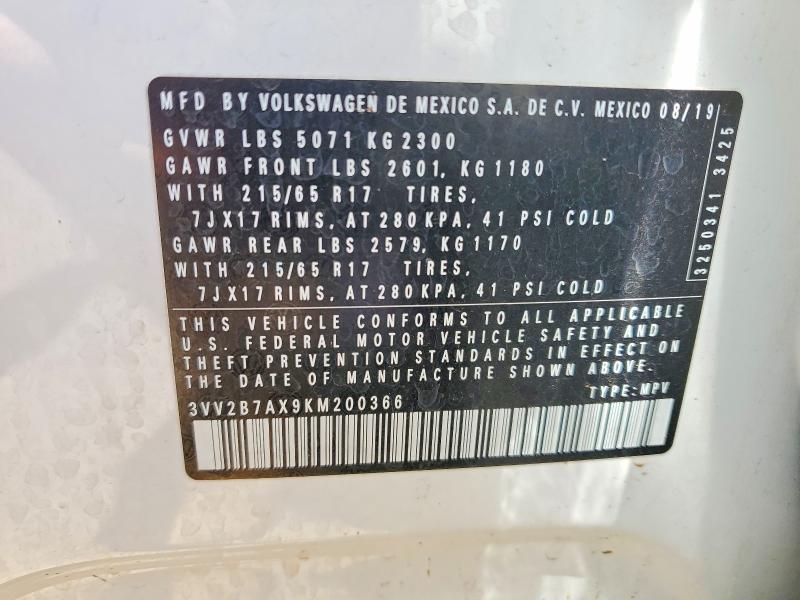 2019 Volkswagen Tiguan მანქანა იყიდება აუქციონზე, vin: 3VV2B7AX9KM200366, აუქციონის ნომერი: 54542226