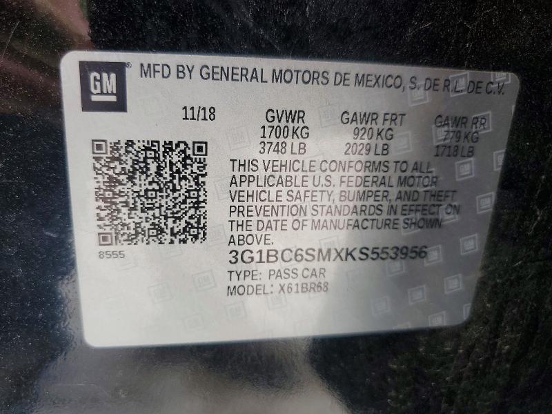 54901446 :رقم المزاد ، 3G1BC6SMXKS553956 vin ، 2019 Chevrolet Cruze مزاد بيع