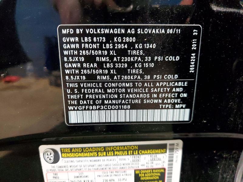 Aukcja sprzedaży 2012 Volkswagen Touareg, vin: WVGFF9BP3CD001188, numer aukcji: 52603036