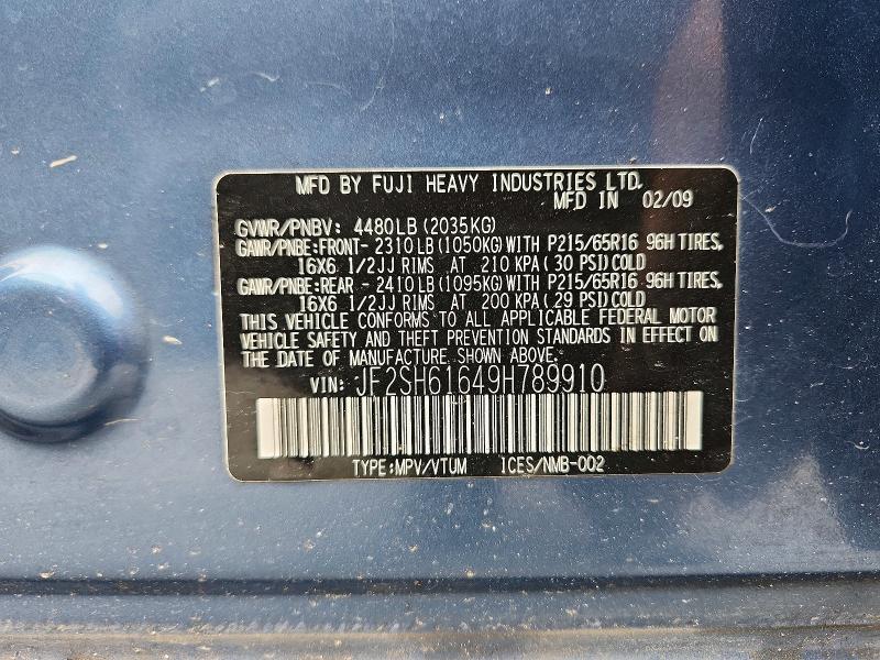 54895096 :رقم المزاد ، JF2SH61649H789910 vin ، 2009 Subaru Forester مزاد بيع