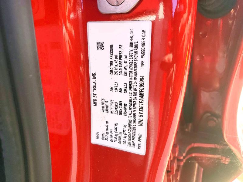 2021 Tesla Model 3 მანქანა იყიდება აუქციონზე, vin: 5YJ3E1EA4MF099984, აუქციონის ნომერი: 54472426