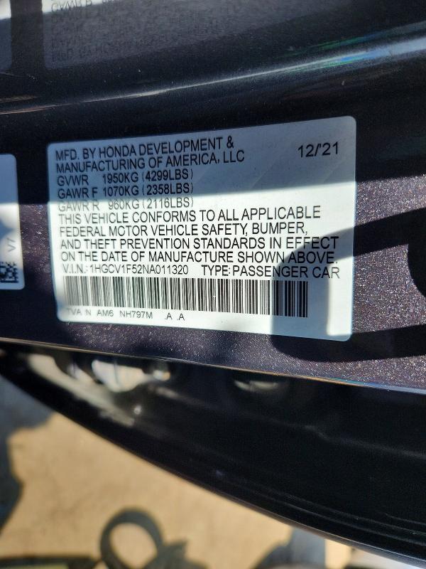 54210736 :رقم المزاد ، 1HGCV1F52NA011320 vin ، 2022 Honda Accord مزاد بيع