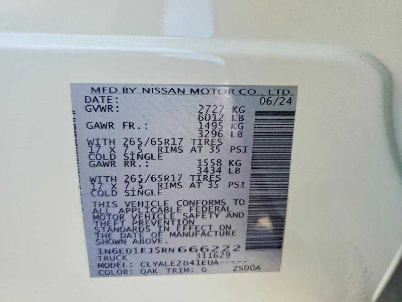 53895706 :رقم المزاد ، 1N6ED1EJ5RN666222 vin ، 2024 Nissan Frontier مزاد بيع