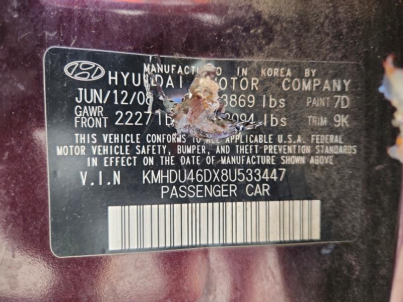 2008 Hyundai Elantra მანქანა იყიდება აუქციონზე, vin: KMHDU46DX8U533447, აუქციონის ნომერი: 54680786