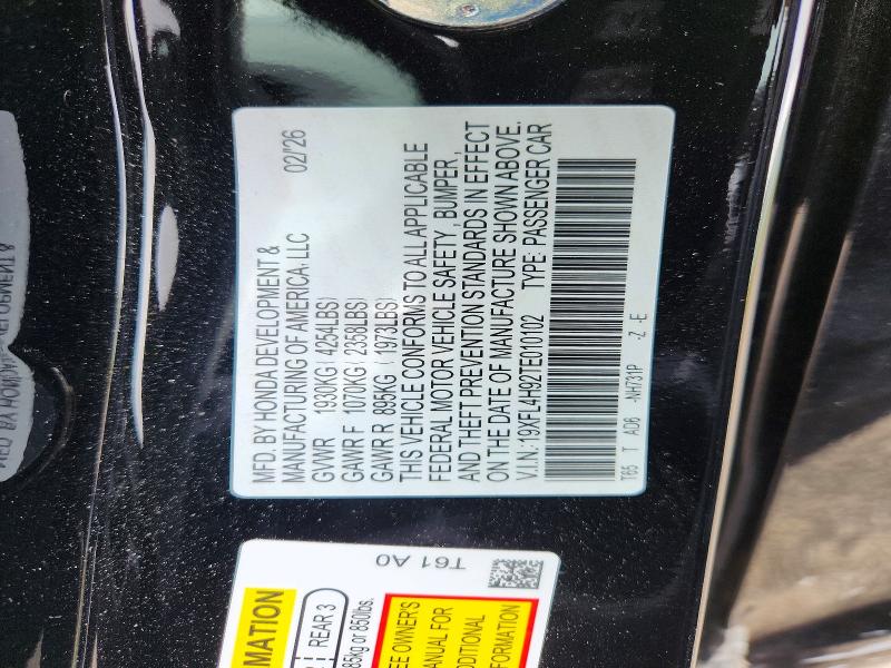 Aukcja sprzedaży 2026 Honda Civic, vin: 19XFL4H92TE010102, numer aukcji: 54159896