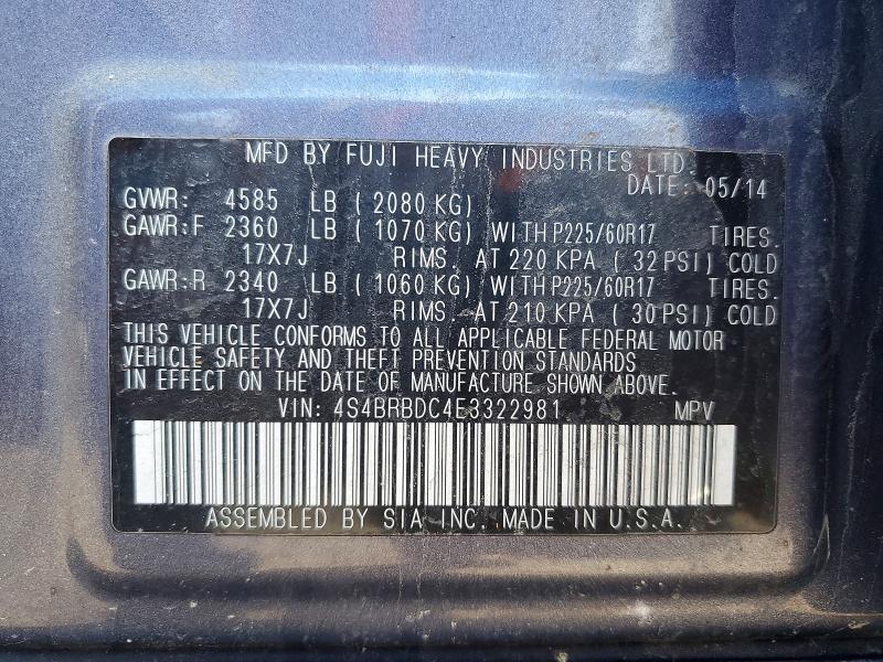 51821036 :رقم المزاد ، 4S4BRBDC4E3322981 vin ، 2014 Subaru Outback مزاد بيع