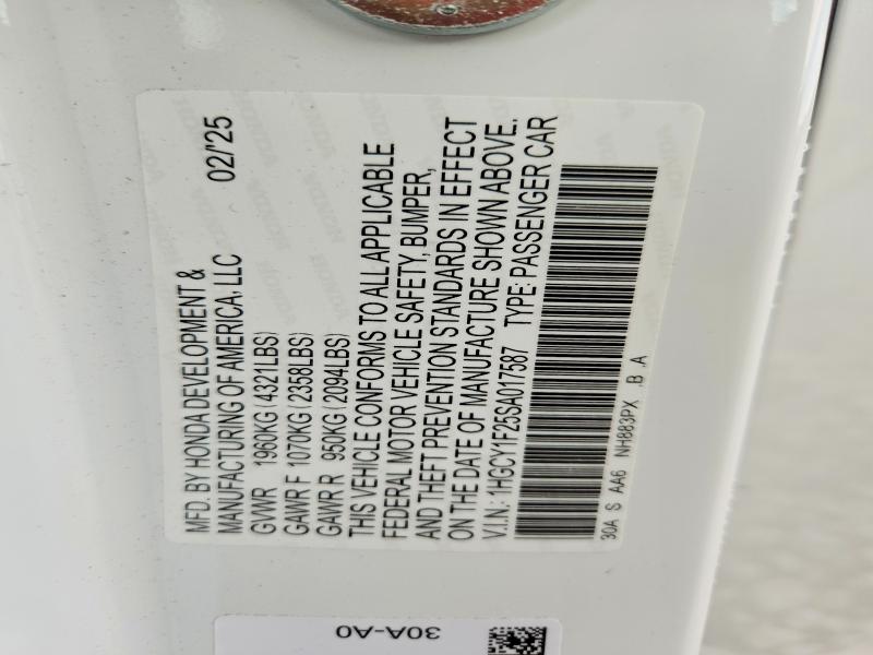 2025 Honda Accord მანქანა იყიდება აუქციონზე, vin: 1HGCY1F25SA017587, აუქციონის ნომერი: 55181596