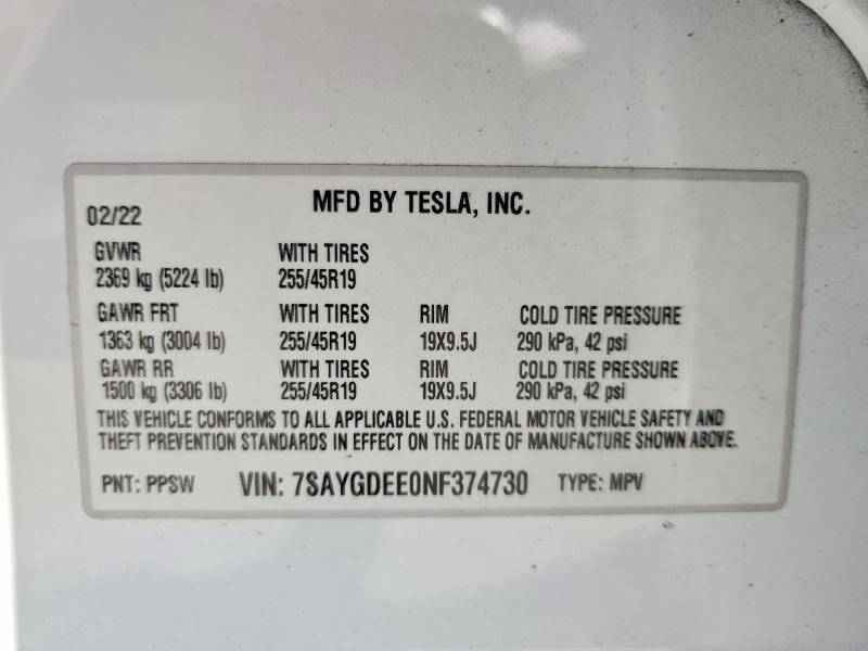 Aukcja sprzedaży 2022 Tesla Model Y, vin: 7SAYGDEE0NF374730, numer aukcji: 55028376