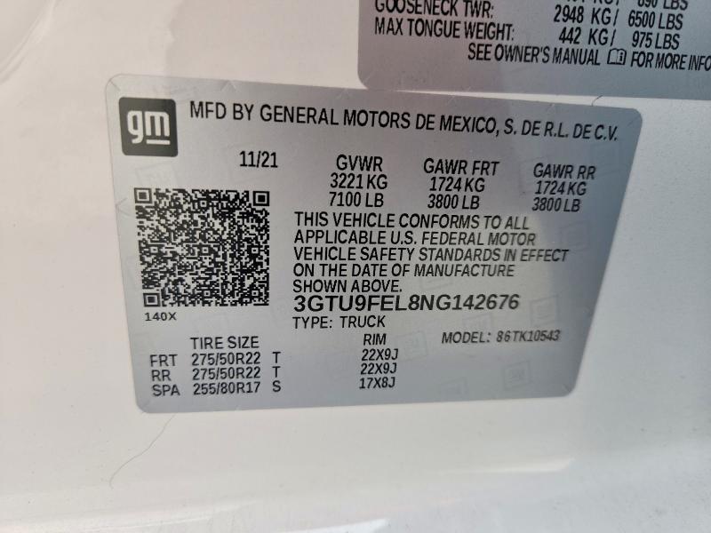 2022 Gmc Sierra Limited მანქანა იყიდება აუქციონზე, vin: 3GTU9FEL8NG142676, აუქციონის ნომერი: 55462986