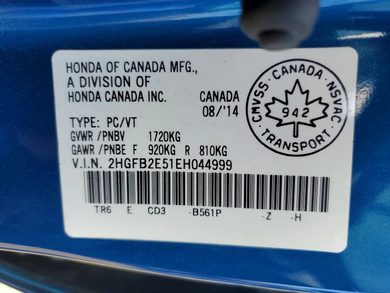 2014 Honda Civic მანქანა იყიდება აუქციონზე, vin: 2HGFB2E51EH044999, აუქციონის ნომერი: 53157006