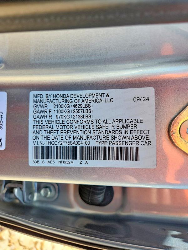 Продаж на аукціоні авто 2025 Honda Accord, vin: 1HGCY2F75SA004100, номер лоту: 53909096