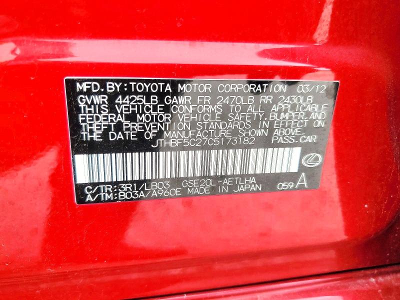 53708736 :رقم المزاد ، JTHBF5C27C5173182 vin ، 2012 Lexus Is مزاد بيع