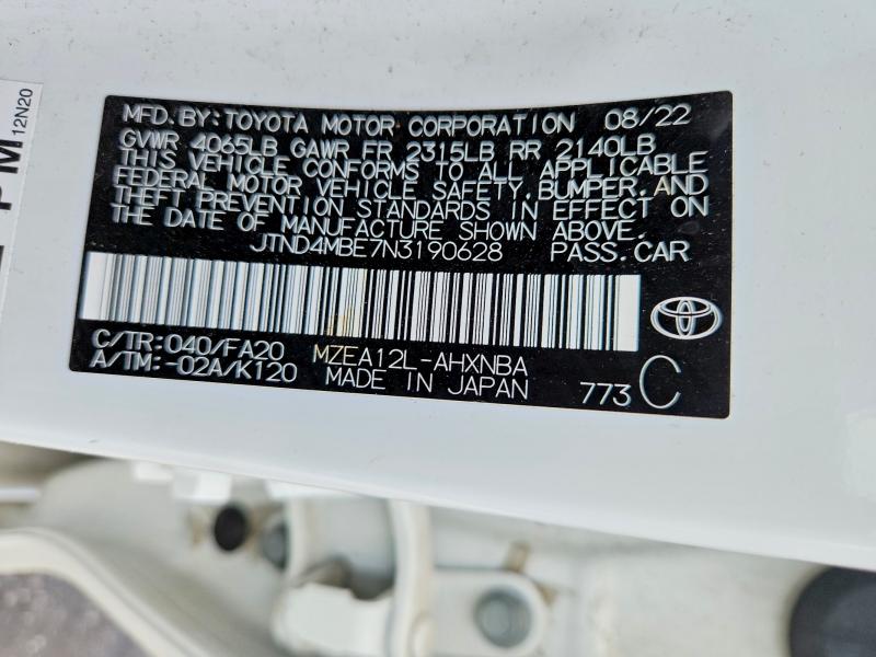 53745426 :رقم المزاد ، JTND4MBE7N3190628 vin ، 2022 Toyota Corolla Hatchback مزاد بيع