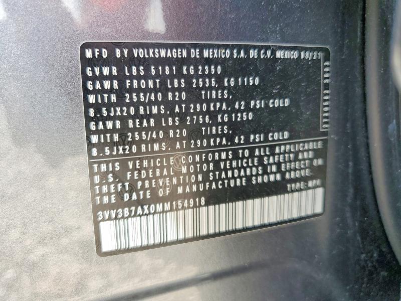 54241136 :رقم المزاد ، 3VV3B7AX0MM154918 vin ، 2021 Volkswagen Tiguan مزاد بيع