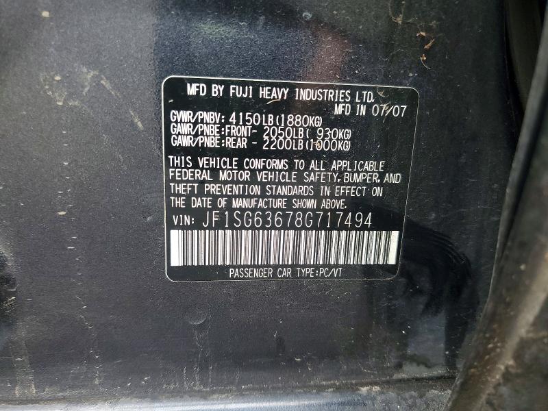 2008 Subaru Forester მანქანა იყიდება აუქციონზე, vin: JF1SG63678G717494, აუქციონის ნომერი: 53926516