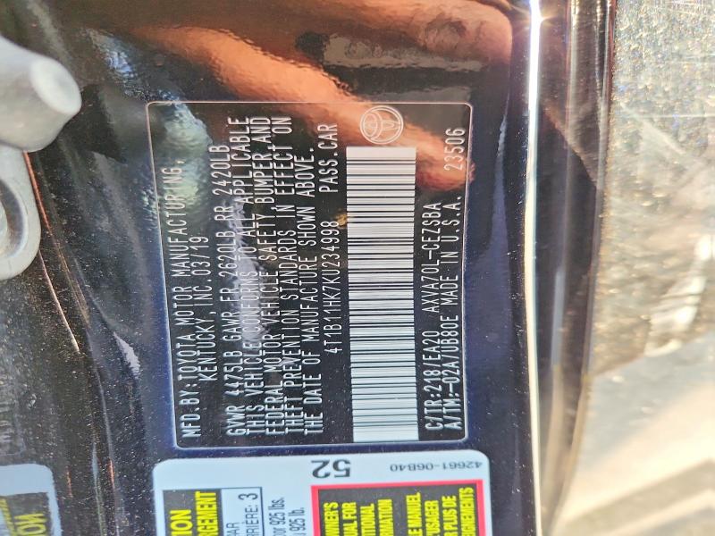 2019 Toyota Camry მანქანა იყიდება აუქციონზე, vin: 4T1B11HK7KU234998, აუქციონის ნომერი: 52812506
