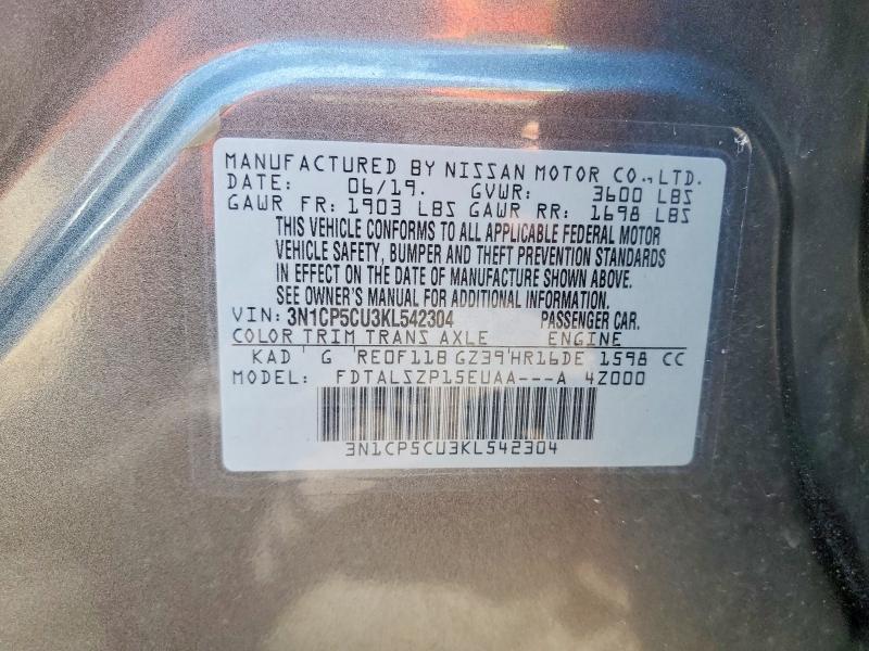 Продаж на аукціоні авто 2019 Nissan Kicks, vin: 3N1CP5CU3KL542304, номер лоту: 53991916