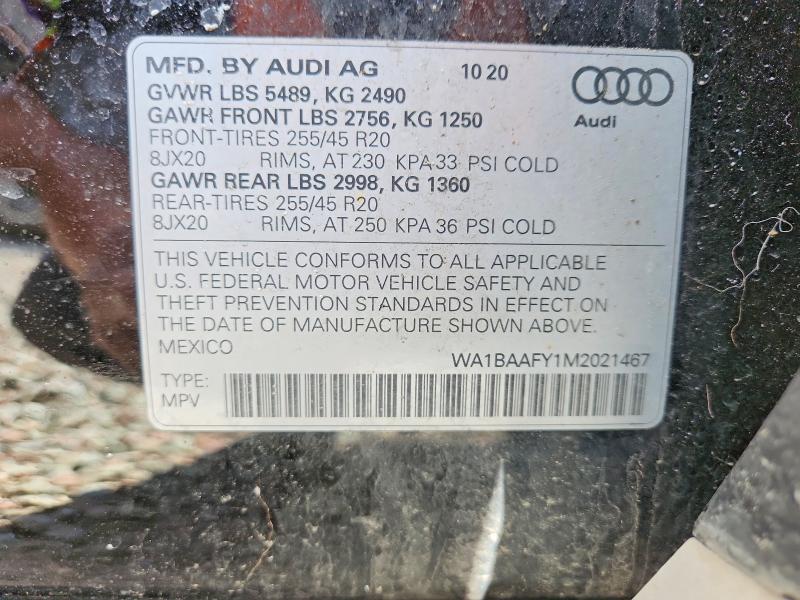 2021 Audi Q5 მანქანა იყიდება აუქციონზე, vin: WA1BAAFY1M2021467, აუქციონის ნომერი: 54957206