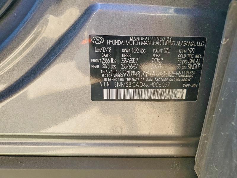 Auction sale of the 2019 Hyundai Santa Fe, vin: 5NMS3CAD6KH006097, lot number: 51993206