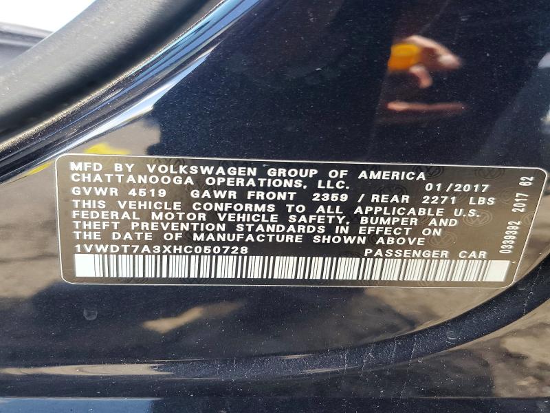 Продаж на аукціоні авто 2017 Volkswagen Passat, vin: 1VWDT7A3XHC050728, номер лоту: 52018956