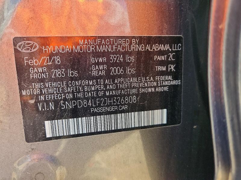 53876626 :رقم المزاد ، 5NPD84LF2JH326808 vin ، 2018 Hyundai Elantra مزاد بيع