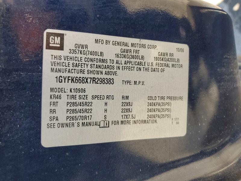 2007 Cadillac Escalade მანქანა იყიდება აუქციონზე, vin: 1GYFK668X7R298383, აუქციონის ნომერი: 55538356