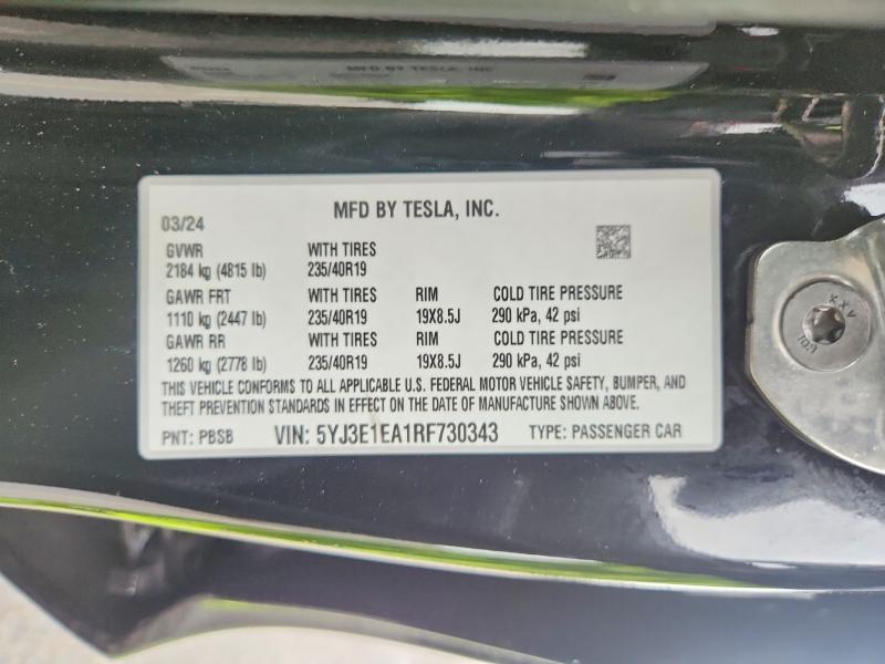 Aukcja sprzedaży 2024 Tesla Model 3, vin: 5YJ3E1EA1RF730343, numer aukcji: 53408946