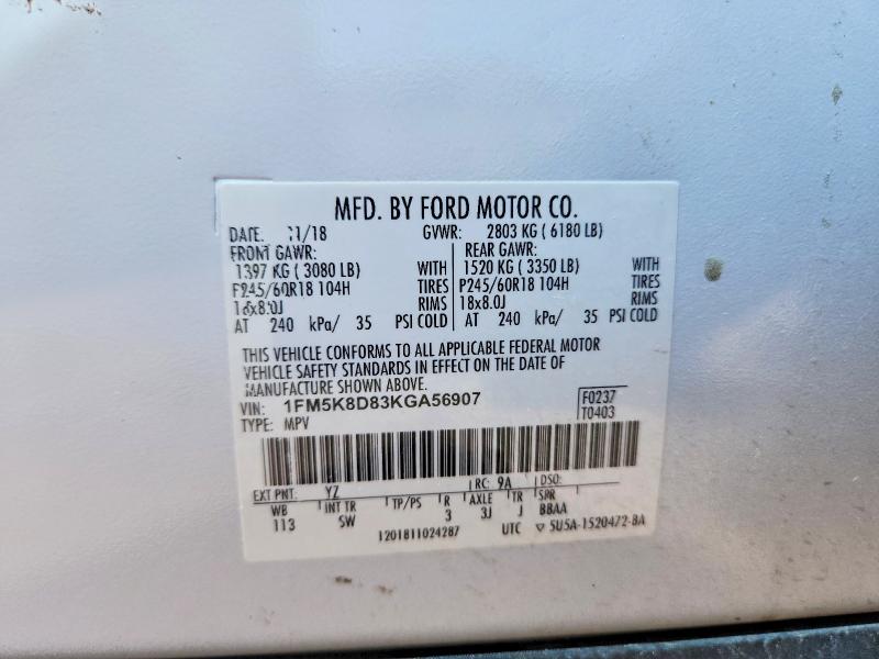 53379286 :رقم المزاد ، 1FM5K8D83KGA56907 vin ، 2019 Ford Explorer مزاد بيع