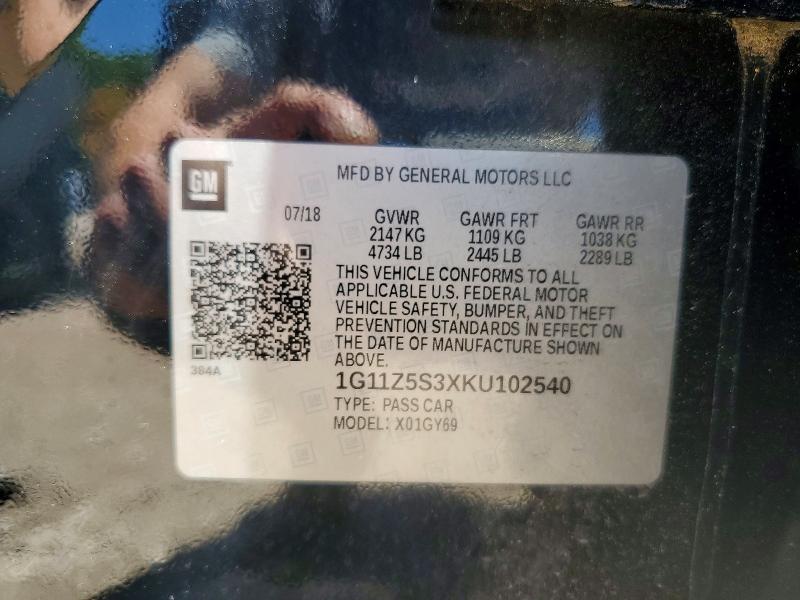 52102686 :رقم المزاد ، 1G11Z5S3XKU102540 vin ، 2019 Chevrolet Impala مزاد بيع