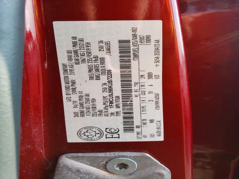 2019 Ford Escape მანქანა იყიდება აუქციონზე, vin: 1FMCU9J98KUB72206, აუქციონის ნომერი: 54043296