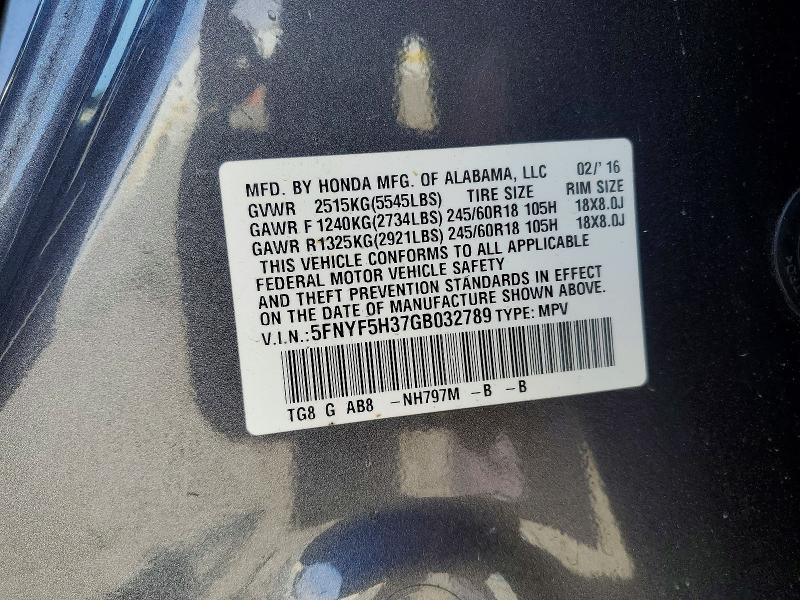 Продаж на аукціоні авто 2016 Honda Pilot, vin: 5FNYF5H37GB032789, номер лоту: 54794696